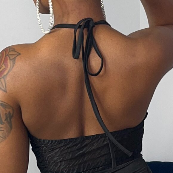 Black Sheer Mesh Romper | Halter Neck Bodycon Playsuit | Night Out Club Outfit - Picture 6 of 6